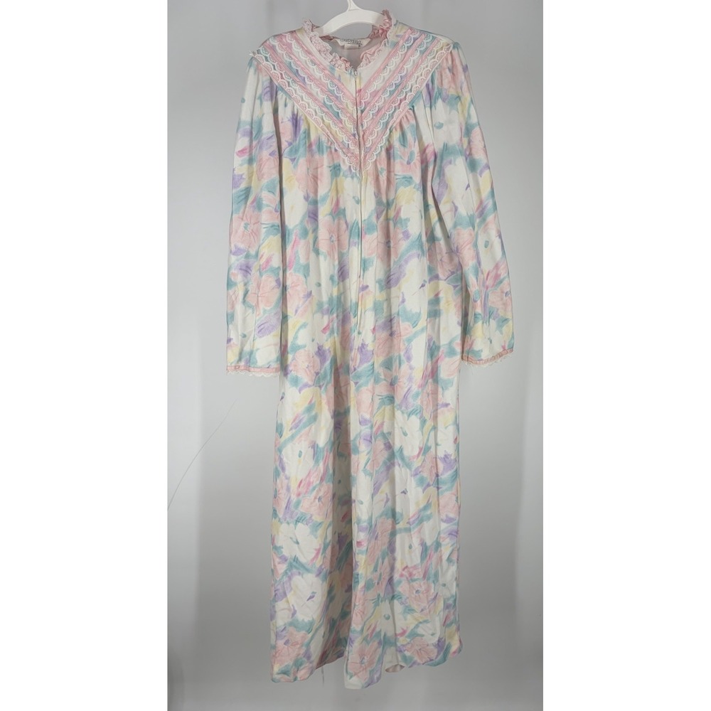 VTG Sabrina by Mervyn's Floral Zip Front House Nap Dress Lounger Nightgown M USA